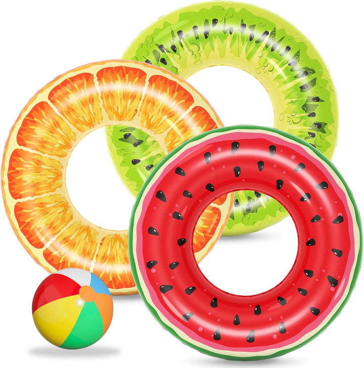 Inflatable Pool Toys Floats for Swimming Pool Party Lake Beach Kids Adults - 4 Pack Floaties Pool Tubes Swim Rings Fruit Water Floaty Watermelon Kiwi Orange Grape