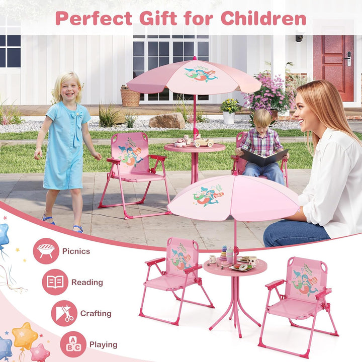 Kids Picnic Table with Umbrella, Kids Outdoor Table with 2 Folding Chairs, Height Adjustable Umbrella, Portable Kids Outdoor Furniture for Backyard, Garden, Patio (Pink)