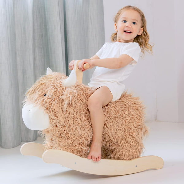 Baby Rocking Horse for 1 Year Old,Wooden Cow/Yak Horse Rocking with Wicker Plush Wooden Ride on Toy for 2 Years Old Girl&Boy Nursery Birthday Gift