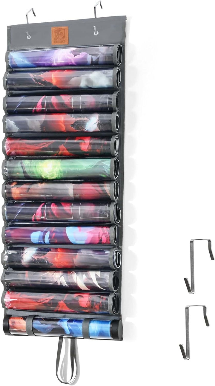 Playmat Holder, Playmat Tube Storage Bag for MTG with 2 Hooks, Fits 12+1 Card Game Playmats with Transparent Plastic Slots, Portable Organizer Rack for TCG/RPG Mat (12 Tubes, Black)
