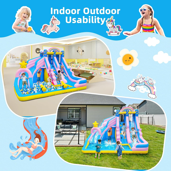 Inflatable Water Slide: 6 in 1 Bounce House Water Park for Kids - Climbing Wall Splash Pool 2 Water Cannon 2 Slide Basketball Rim - 550W Blower - for Outdoor Backyard Birthday Party