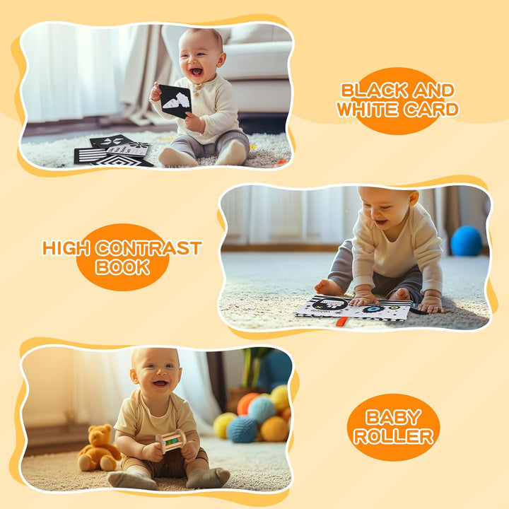 Montessori Toys for Babies 0-6 Months, 6 in 1 Learning Educational Set for for Newborn, Toddlers Gifts Includes Spinning Drum, Object Permanence Box, Baby Roller Tummy Time Mirror and More