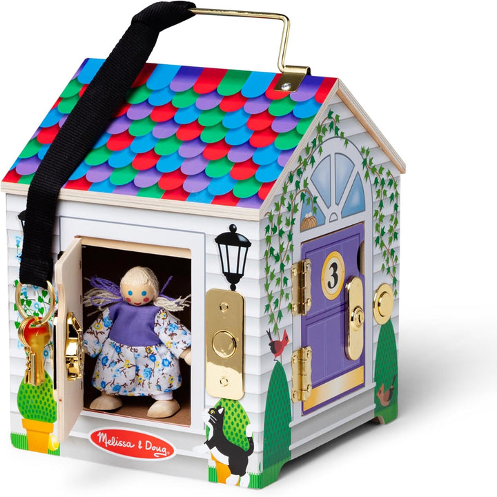 Take-Along Wooden Doorbell Dollhouse - Doorbell Sounds, Keys, 4 Poseable Wooden Dolls Portable Doll House, Doorbell House for Kids Ages 3+