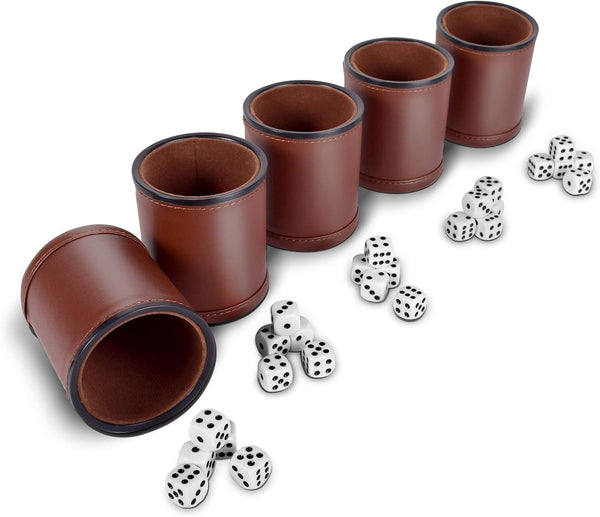 5 Pack of Professional Dice Cups PU Leather and Brown Velvet Lined, Includes 25 White Six-Sided Dice