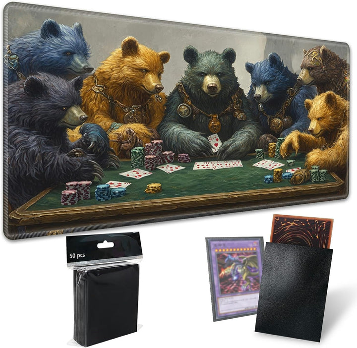 TCG Playmat Board Game Mat plus 50 Pcs Card Sleeves, 24 X 14 Table Mats Game Mousepad with Soft Surface Non-Slip Base for MTG RPG CCG Trading Card Game Playmats, Green Frog