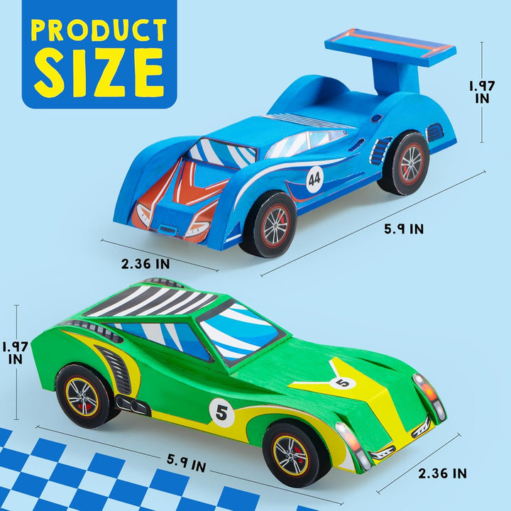 4 DIY Wooden Race Cars-Build & Paint Your Own Wood Craft Kit, 4 Race Cars Toy, Easy to Assemble Arts Crafts Kit, Birthday Party Presents for Kids Boys and Girls