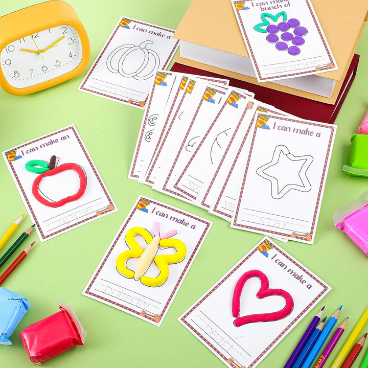72 Pcs Alphabet & Shape Play Dough Mat for Toddler Rainbow Star Flower Play Mats Card for Clay or Dough Preschool Learning Accessories for Toddler Kid 2-6 Years Back to School Classroom