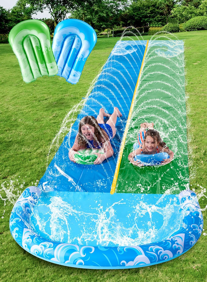 22.5Ft Water Slides and 2 Bodyboards, Lawn Water Slide Summer Slip Waterslides Water Toy with Build in Sprinkler for Backyard Outdoor Water Fun for Kids