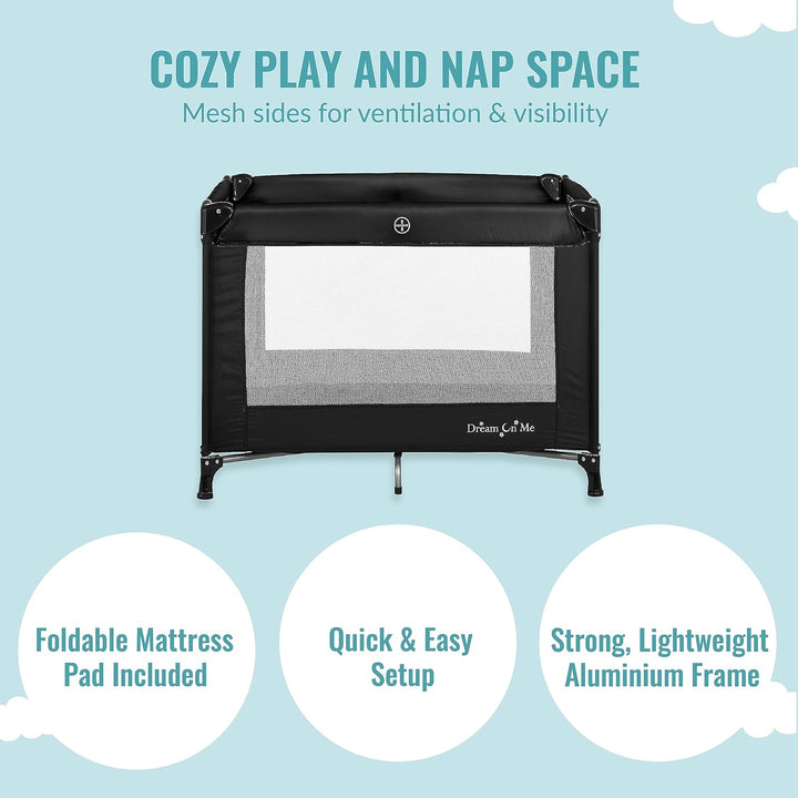 Nest Portable Playard in Black with Carrybag an Shoulder Strap, Lightweight, Packable and Easy Setup Baby Playard, Breathable Mesh Sides and Soft Fabric - Comes with a Removable Padded Mat
