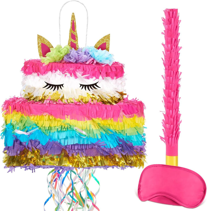 Unicorn Piñata - Unicorn Party Supplies Piñata Bundle with Blindfold and Bat for Girls Kids Rainbow Unicorn Theme Birthday Party Game Decorations (15.7" X 12.2" X 3.1")