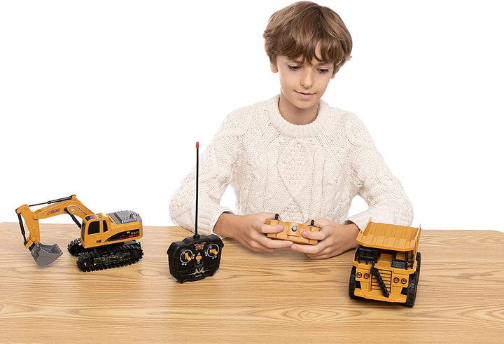 2 PCS Remote Control Construction Vehicle Toy Set, Friction-Powered RC Excavator & RC Dump Truck with Lights and Sounds for Imaginative Play, Birthday Gifts for Toddlers Boys Girls