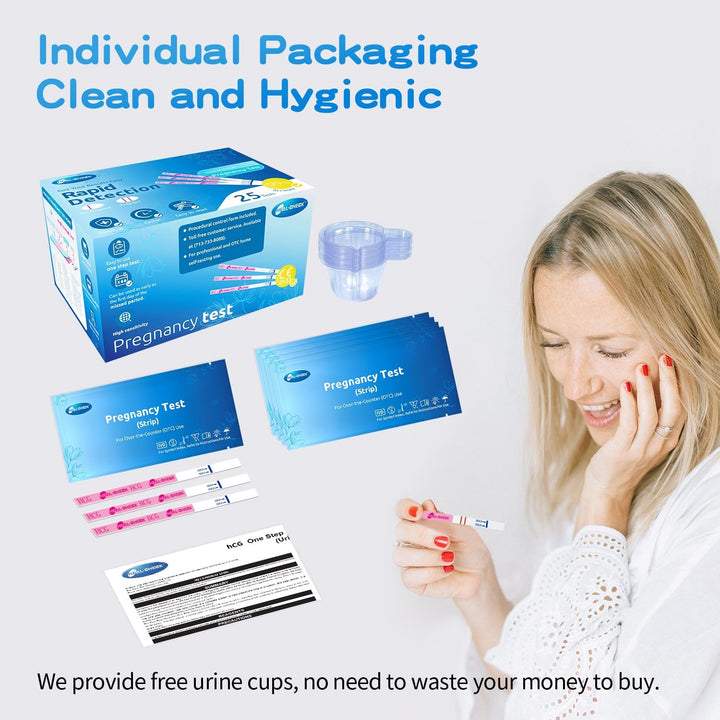 Pregnancy Tests with Cup,  Bulk Pregnancy Test Strips for Home Detection, over 99% Accuracy, Individually Wrapped, Extra-Wide 5Mm HCG Test Kit Comfortable Grip, 25 Count, Pruebas De Embaraz