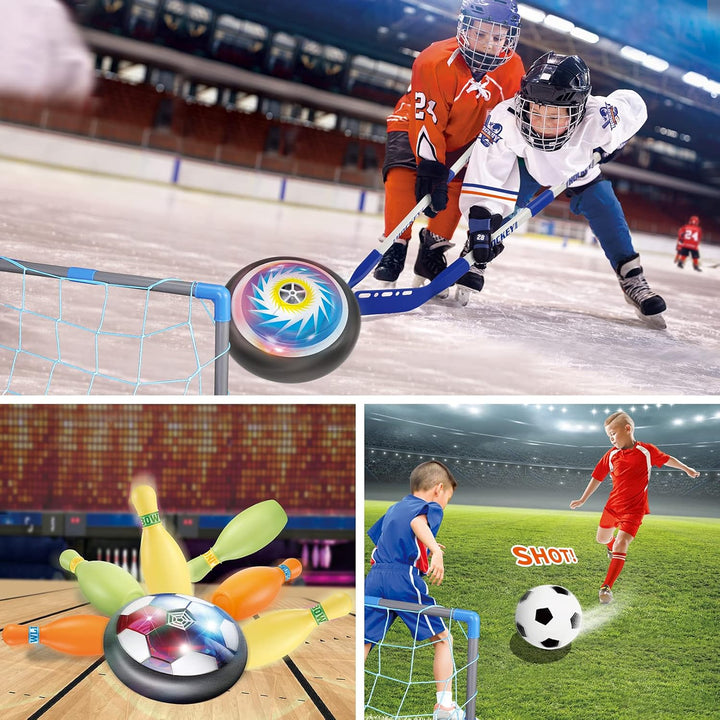 3-In-1 Hover Soccer Ball Hockey Bowling Set, Indoor and Outdoor Toys for Kids Ages 3-12, outside Toys with LED Lights, Christmas Birthday Gifts for 3 4 5 6 7 8 9+ Year Old Boys Girls