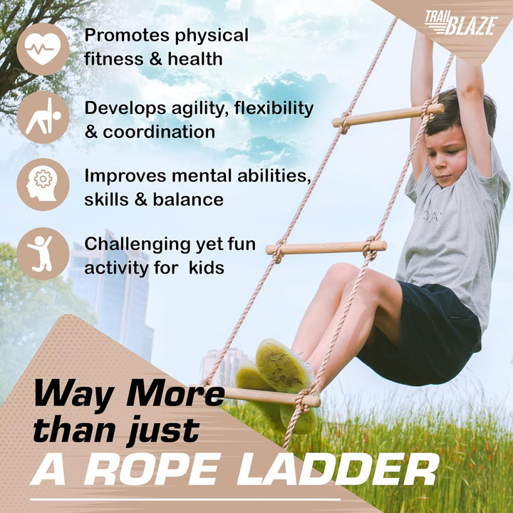 Wooden Rope Ladder for Kids - Playset Ladder for Ninja Warrior Obstacle Course Accessories | Treehouse Swing Set Bunk Bed | Playground Ninja Obstacles