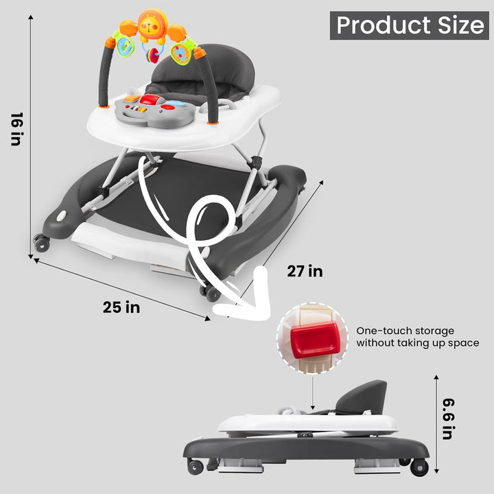 Baby Walker, 5-In-1 Baby Walkers for Boys and Girls 6-12 Months with Bouncer, Removable Footrest, Feeding Tray & Music, Foldable & Adjustable Activity Walker for 6-18 Months Toddler Infant