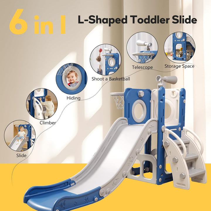 6 in 1 Toddler Playset with Slide,Toddler Slide,Slide for Kids with Basketball Hoop,Ball,Ring Toss,Kids Slide Toddler Playground Toddler Slide Indoor Outdoor Toys