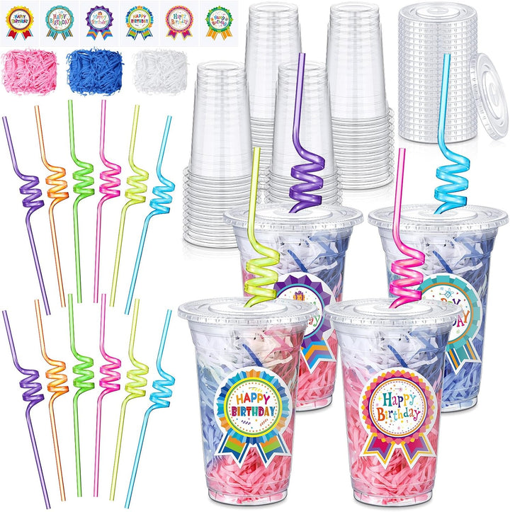 24 Set Creative Happy Birthday Gifts from Teacher Students Birthday Cups with Lids Colorful Straws Stickers and Raffia Disposable Plastic Cups for Reward Kids Prize Classroom Party Supplies