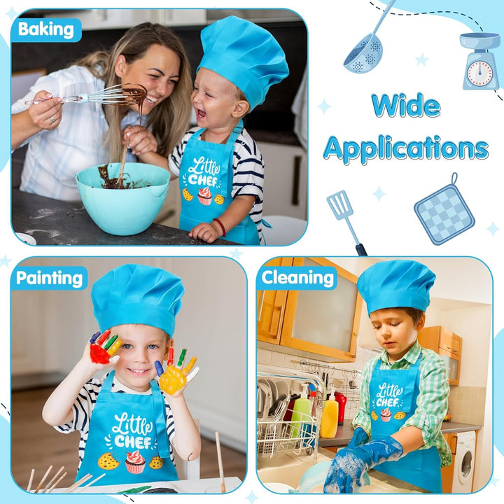 2 Pcs Kid Apron and Chef Hat Set, Adjustable Children Blue Kitchen Apron Cooking Baking Painting and Training Kits Dress up Role Play Chef Toy Kid Funny Cooking Gift New Year