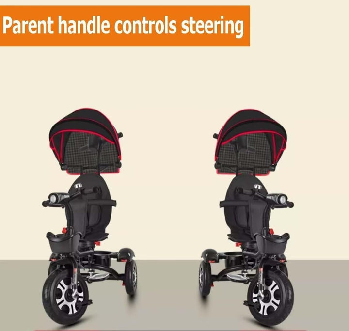 Folding Toddler Stroller Buggies, Parent Steering Tricycle with Pushrod, Children Pram Headlight and Shock Spring, Reversible Seat Guardrail Belt(Black Purple)
