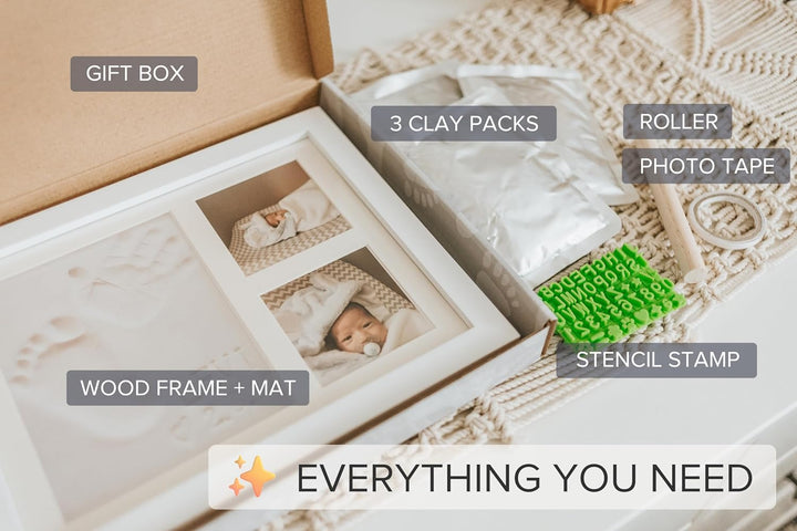 Baby Hand & Footprint Frame Keepsake Kit | Capture Milestone Moments with Safe Clay, Stencil Set & Wood Frame | Perfect Newborn Gift for Baby Showers | White
