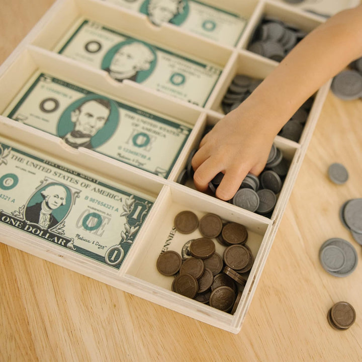 Play Money Set - Educational Toy with Paper Bills and Plastic Coins (50 of Each Denomination) and Wooden Cash Drawer for Storage