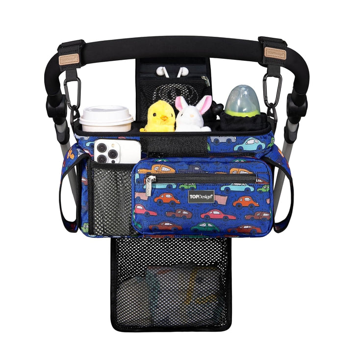 Universal Baby Stroller Organizer, Stroller Caddy with Detachable Mesh Bag & Heightened Insulated Cup Holders & Non-Slip Secure Hooks Accessories, Fits Most Strollers (Checkerboard)
