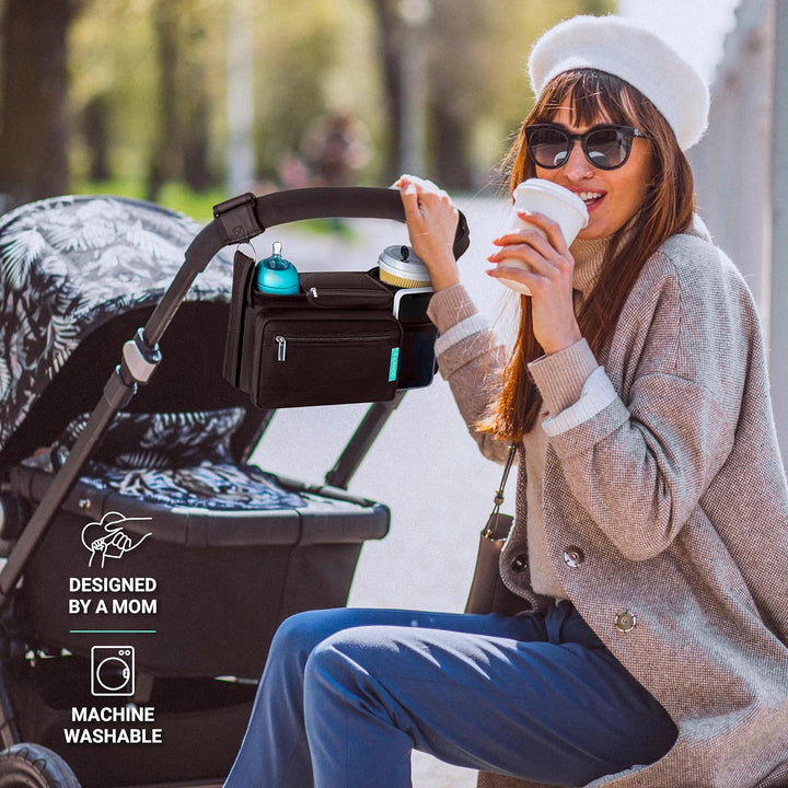 Stroller Caddy Organizer with Cup Holder, Non Slip Straps Bag for Phone, Pet Stroller Accessories, Universal Fits Uppababby Vista V2 Wonderfold Wagon, Doona and More