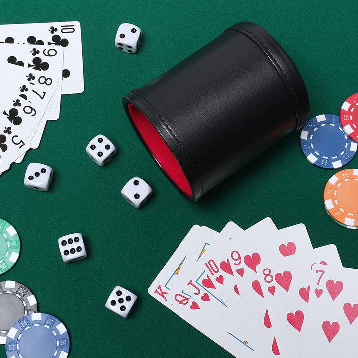 Felt Lined PU Leather Dice Cup Set with 6 Dot Dices (Black, Pack of 1)