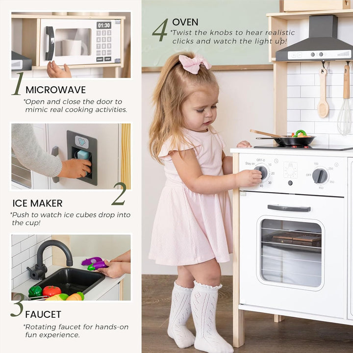 Play Kitchen for Kids, Wooden Kids Play Kitchen Playset Chef Pretend Play Set for Toddlers with Real Lights & Sounds, Toys Kitchen with 18 Pcs Toy Food & Cookware Accessories