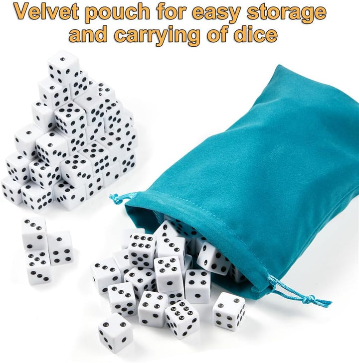 100 Pieces White Dice Set, 16MM Standard Game Dices, Opaque Six-Sided Dice with Pouch, Black Dot Bulk White Dice for Group Event, Board Games, Classroom Math