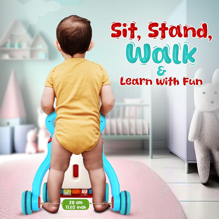 Baby Walker Push with Wheels, Sit-To-Stand Walker for Baby Boy and Girl 6-12 Months with Detachable Play Panel, Stable Handle, Early Learning Activity for Kids - Blue