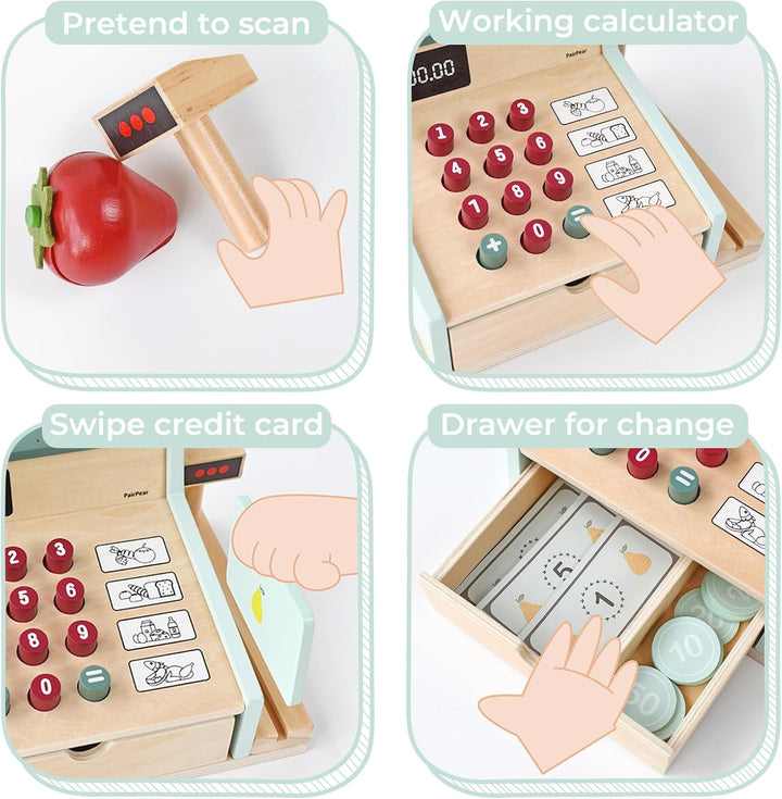 Wooden Toy Cash Register,Kids Pretend Play Money Counting Toys with Scanner and Credit Card,Toddler Cashier Toy Grocery Play Food Accessory for Pre-School Gift Boys Girls 3+