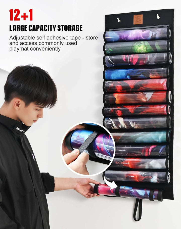 Playmat Holder, Playmat Tube Storage Bag for MTG with 2 Hooks, Fits 12+1 Card Game Playmats with Transparent Plastic Slots, Portable Organizer Rack for TCG/RPG Mat (12 Tubes, Black)