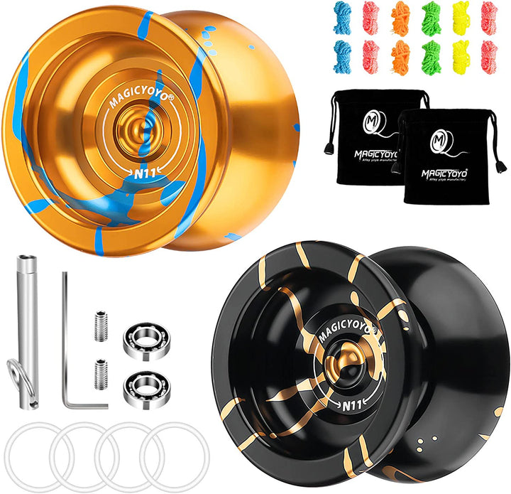 N11 Professional Unresponsive Yoyo N11 Dual Purpose Alloy Trick Yoyo Ball (Black with Golden) with Bag, Glove, 12 Yoyo Strings and Responsive Bearing Kit
