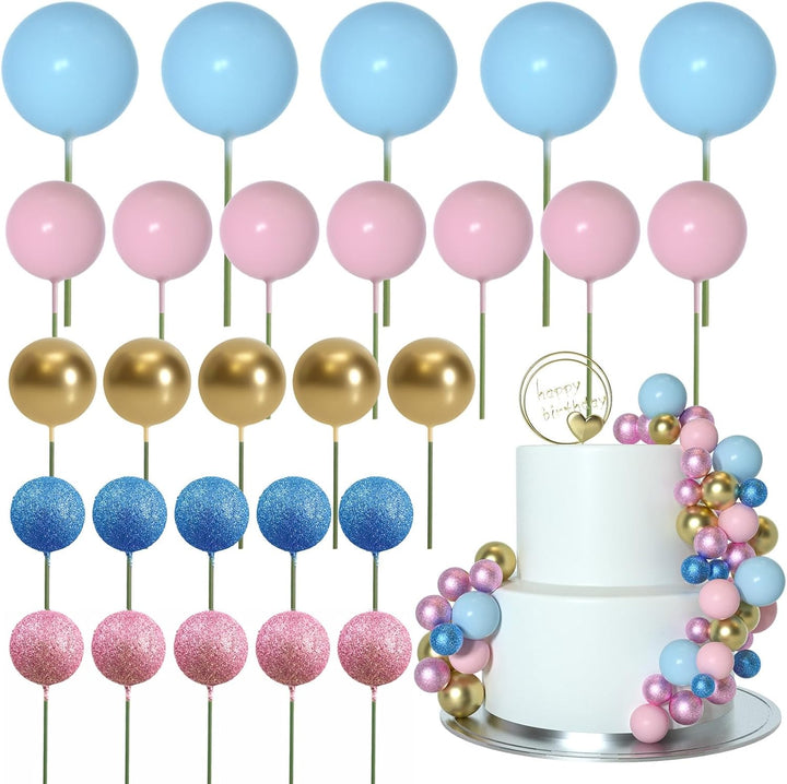 50 Pcs Ball Cake Topper Sticks Mini Balloons for Decorating Supplies Foam Balls Cake Toppers for Baby Shower, Birthday - Blue Series