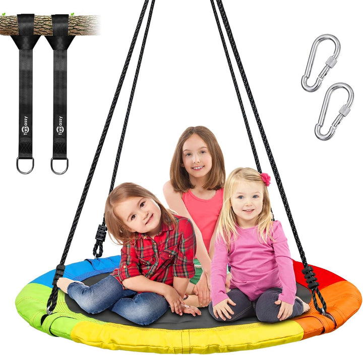700Lb 40 Inch Saucer Tree Swing for Kids Adults Outdoor 900D Oxford Waterproof with 2Pcs Tree Hanging Straps, Steel Frame and Adjustable Ropes Blue
