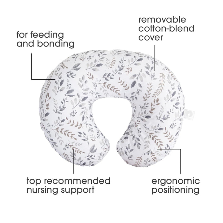 Original Nursing Pillow, Gray Taupe Leaves, Ergonomic Nursing Essentials for Bottle and Breastfeeding, Firm Fiber Fill, with Removable Pillow Cover, Machine Washable