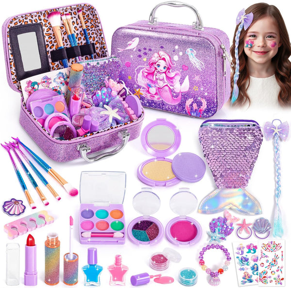 Kids Makeup for Toddlers Toys, Washable Make up Set Non-Toxic Mermaid Toys for Girls Purse, Princess Pretend Play Hair & Nail Polish Accessories, Christmas Birthday Gift Toys for Girls 3+