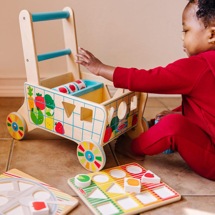 Wooden Shape Sorting Grocery Cart Push Toy and Puzzles - Pretend Play Grocery Toys, Sorting and Stacking Toys for Infants and Toddlers Ages 1+ - Fsc-Certified Materials