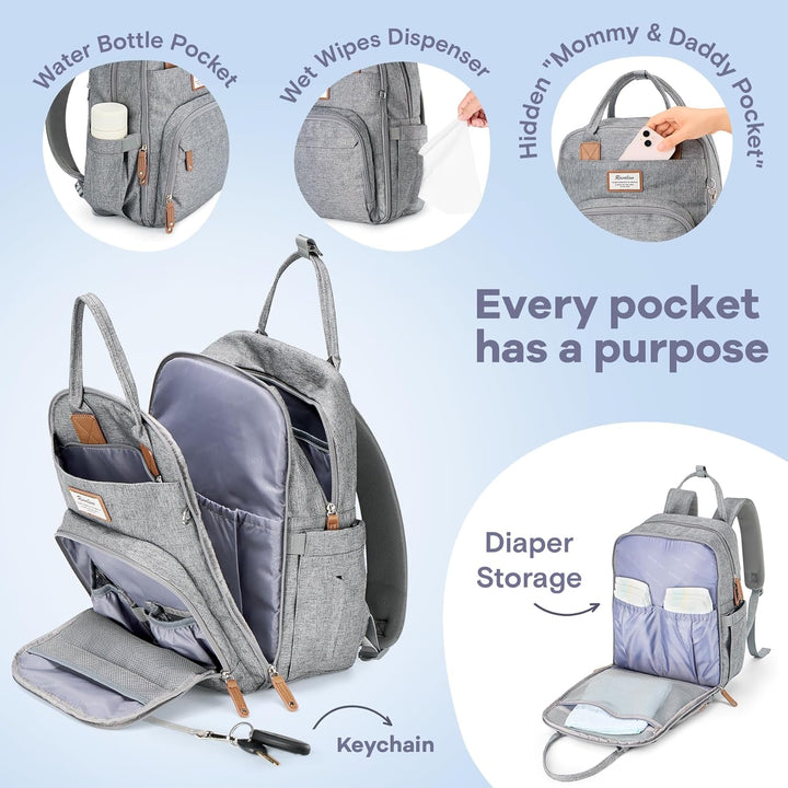Diaper Bag Backpack-Multifunction Travel Baby Diaper Bag with Changing Pad, Insulated Bottle Holders & Pacifier Case, Large Capacity, Waterproof, Gray