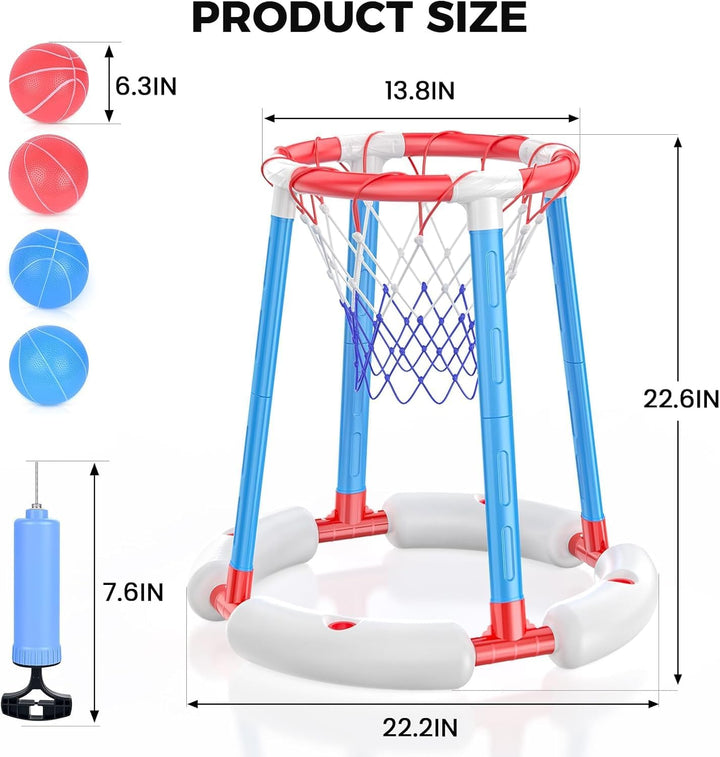 Pool Basketball Hoop Poolside, Floating Pool Toys with 4 Basketballs/Pump, Swimming Pool Games for Kids Ages 4-8 8-12 & Adults Indoor Outdoor Play