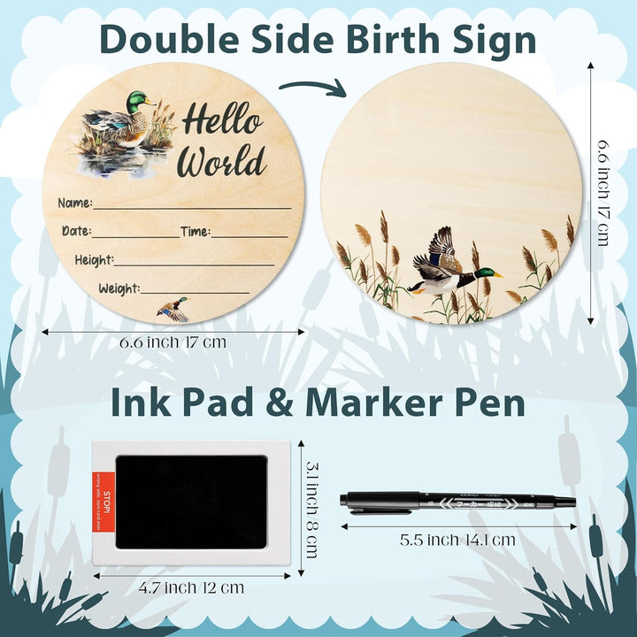 Baby Birth Announcement Sign with Marker Pen, Mallard Duck Baby Name Sign with Ink Pad for Hand and Footprints, Wooden Hello World Newborn Announcement Nursery Decor Keepsake Gifts