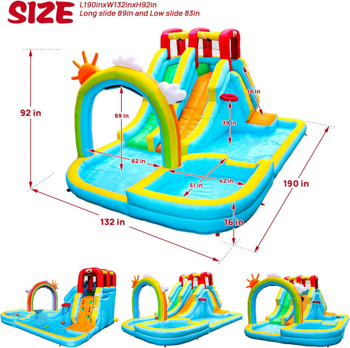 Inflatable Water Double Slides Park with Blower, Bouncy Castle with Rainbow Water Curtain, with Shooting and Rock Climbing