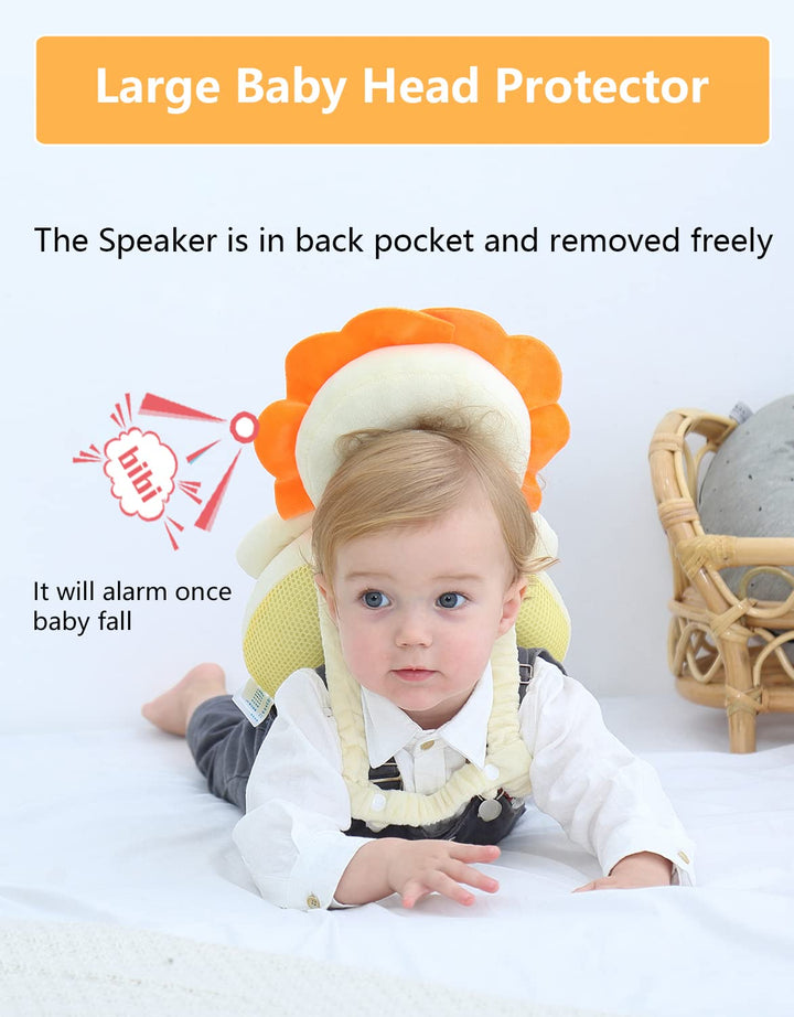 Baby Head Protector Backpack with Squeaker, Knee Pads, Anti-Slip Socks, Yellow Lion Sets