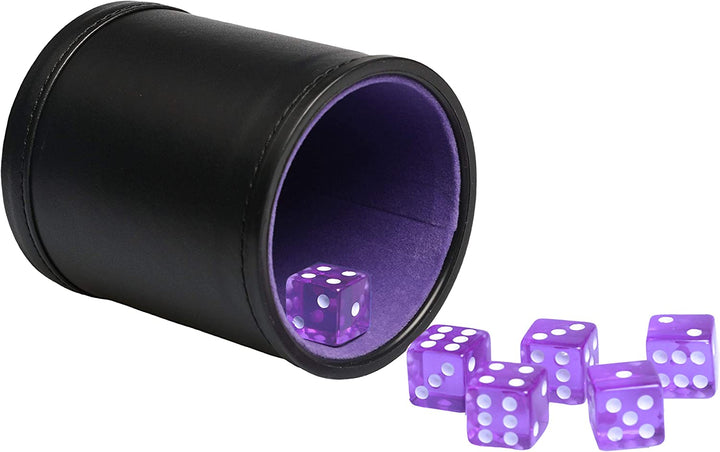 Dice Cup Set PU Leather and Felt-Lined, Quiet Shaking for Yahtzee Farkle Liars Dice Games, Includes Six 16Mm Regular Dice
