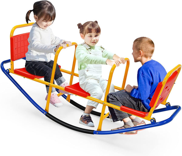 Teeter Totter Seesaw for Kids Outdoor, 2 in 1 Metal Rocking Seesaw for Toddlers with Easy-Grip Handles, Indoor Outdoor Rocker Toy Gifts for Ages 3-8, 1-3 Person Home Preschool Backyard See Saw