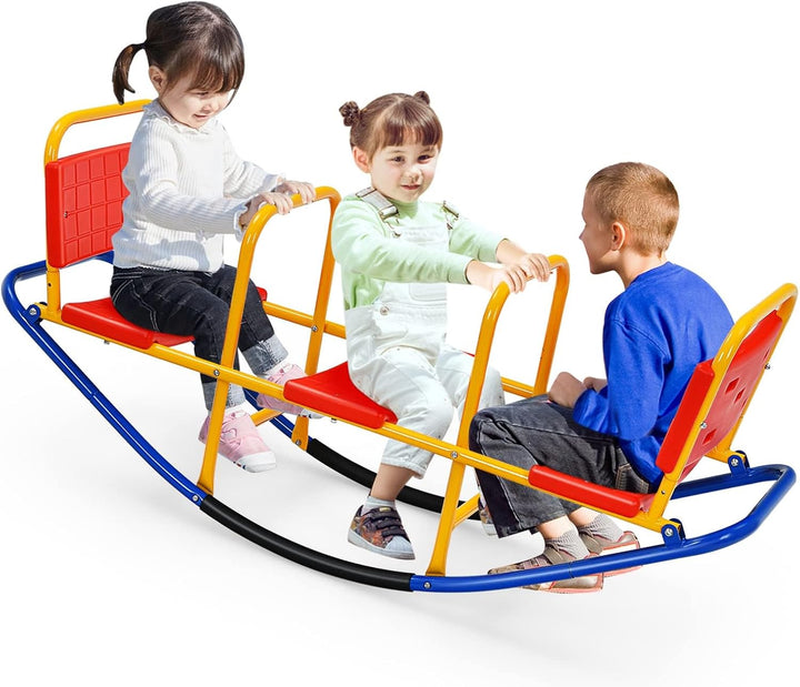 Teeter Totter Seesaw for Kids Outdoor, 2 in 1 Metal Rocking Seesaw for Toddlers with Easy-Grip Handles, Indoor Outdoor Rocker Toy Gifts for Ages 3-8, 1-3 Person Home Preschool Backyard See Saw