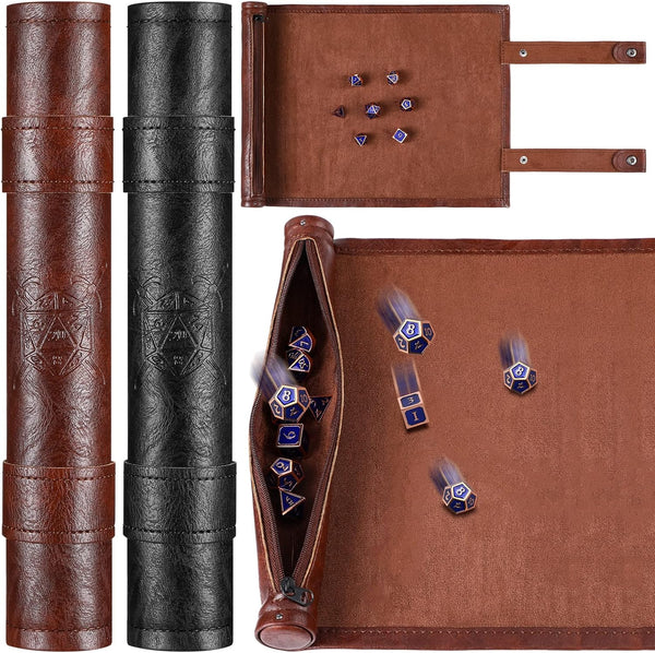 Dice Mat Tray Rolling Mat with Zipper PU Leather Folding Scroll Dice Bag Holder Table Christmas Game Accessories(Brown, Black,2 Pieces)