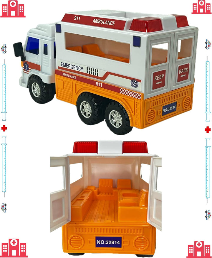 Big-Daddy Meduim Duty Friction Powered 911 Ambulance Toy Truck with Open and Close Back Doors for More Fun Play Time