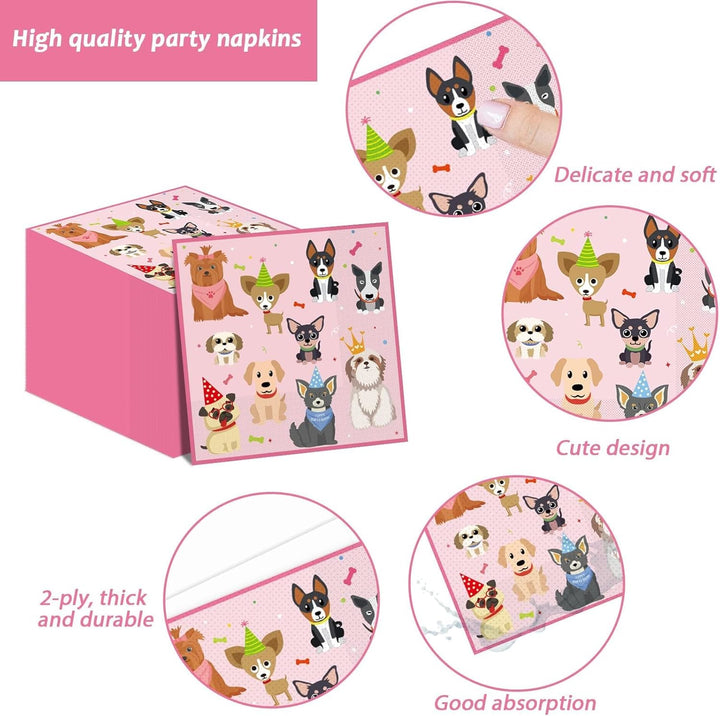 98Pcs Dog Birthday Party Decorations Puppy Tableware Set Plates Napkins Pink Dog Theme Tablecloth for Girls Birthday Lets Pawty Party Supplies Kit Pet Dog Table Cover Dinnerware Paw Print Party Favors
